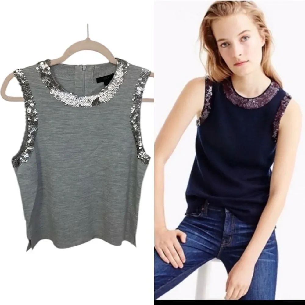 J. Crew Gray Merino Wool Blend Sequin Crew Neck Shell Top Size S